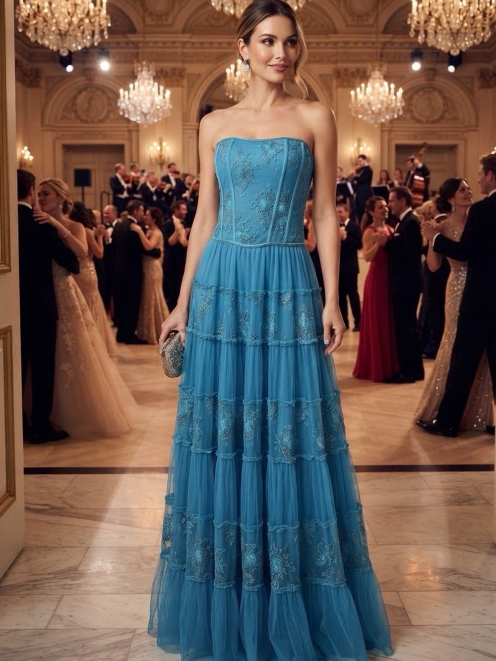 Strapless Blue Tiered hand, beaded Evening Ball Gown. Stretch fabric.